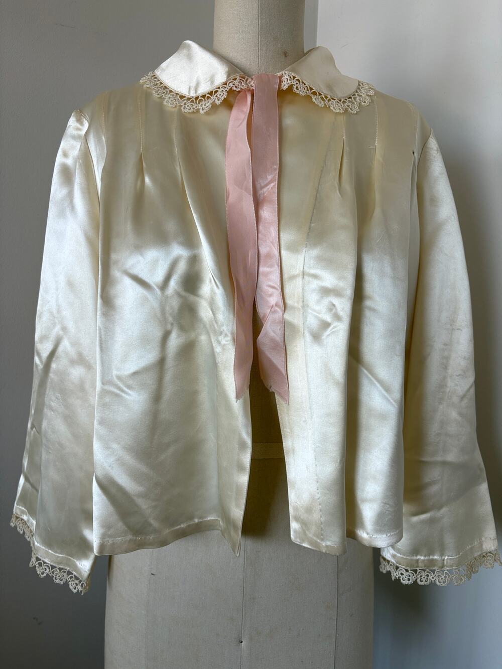 Antique 1910s Edwardian Ivory Silk Satin Lace Cropped Jacket Sm Front Tie Bridal